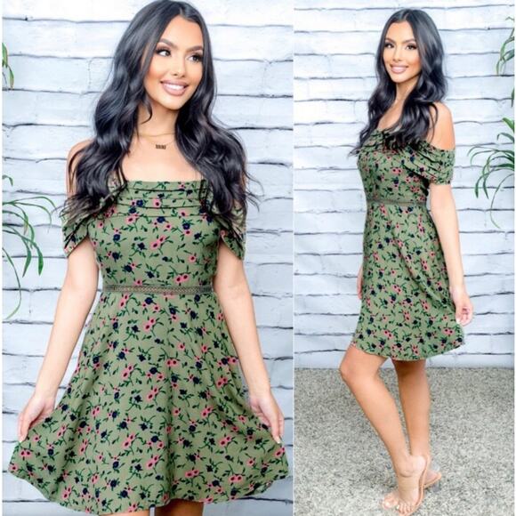 Verte Women's Junior Off Shoulder Fit & Flare Mini Dress in Olive Green Floral - Picture 10 of 11